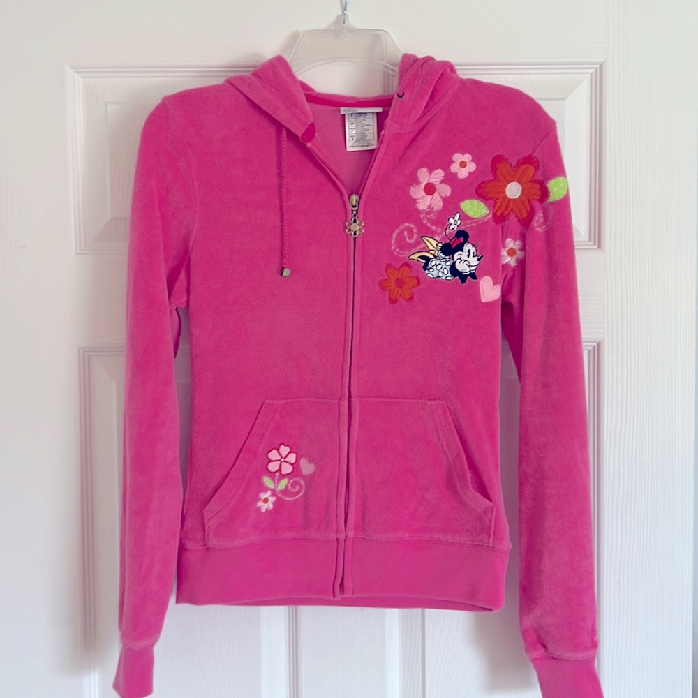 Disney Walt Disney World juniors terry hooded, zip sweatshirt, size small, pink